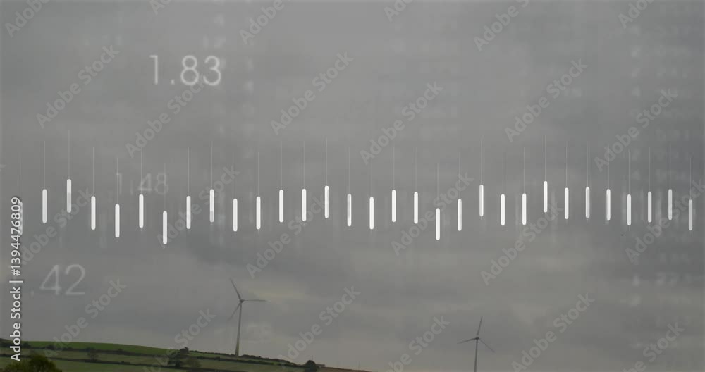 Poster wind turbines generating energy on landscape with animated measurement scale overlay