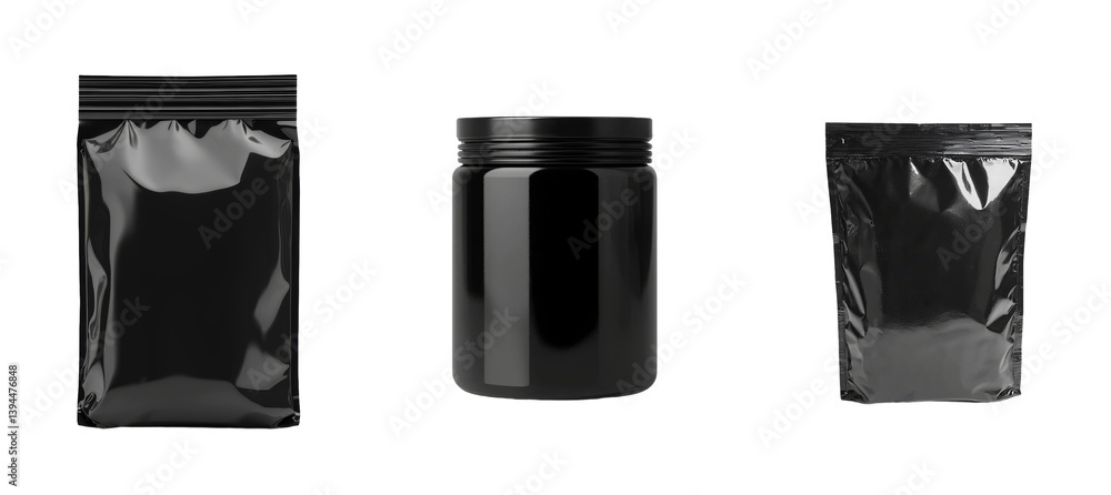 Poster minimalist isolated mockups of black packaging containers for product display and branding purposes