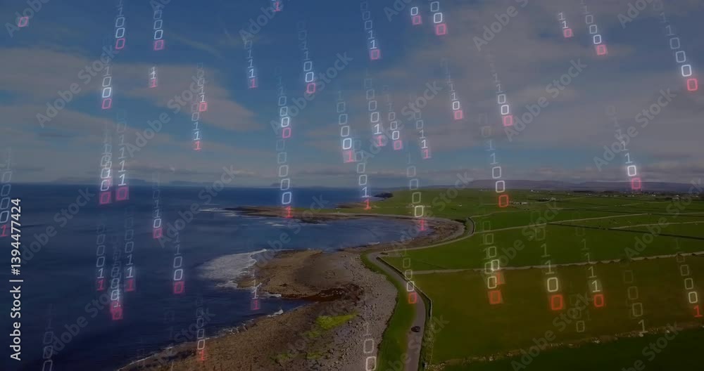 Poster Binary code animation over scenic coastal landscape with ocean and fields