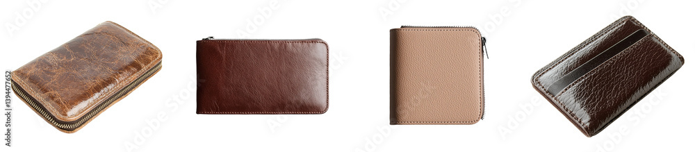 Poster minimalist mockups of various leather wallets displayed on a clean background emphasizing texture an