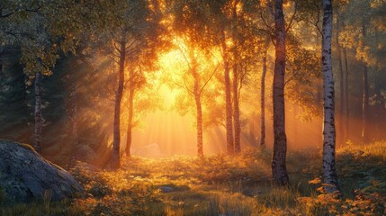 A serene forest scene illuminated by golden sunlight filtering through trees, creating a magical and tranquil atmosphere.