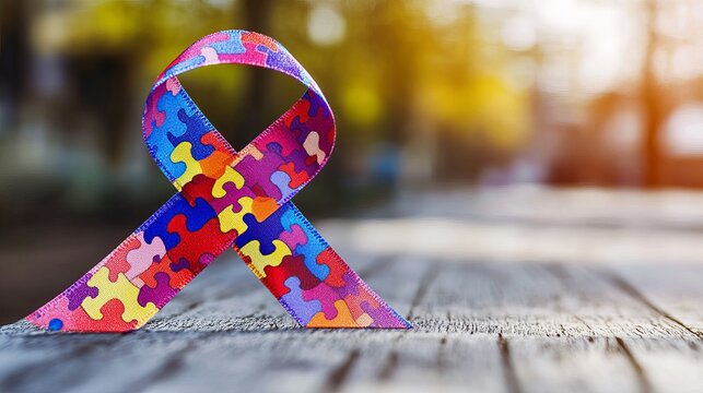 Colorful autism awareness ribbon showcasing puzzle pieces symbolizes support and understanding during National Autism Awareness Month
