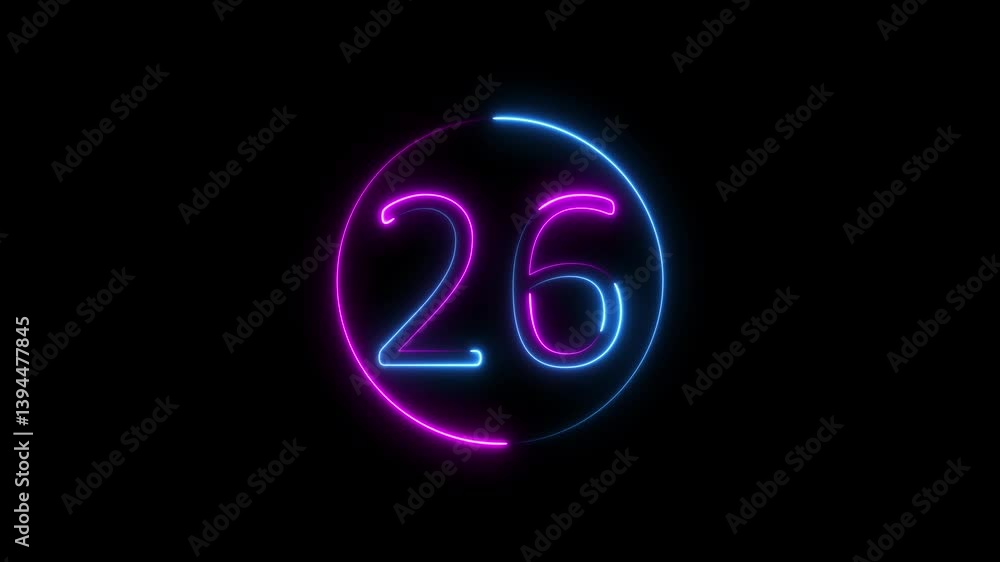 Aufkleber abstract glowing neon text 26 number countdown icon. educational mathematics 26 animation on black b