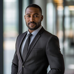 Fototapeta premium Black business professional in tailored suit with calm authority representing confidence and leadership against blurred modern office background