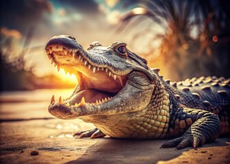 Obraz premium Ancient Sunbather A Stunning CloseUp of a Vintage Alligator Sharp Teeth and Open Jaw A Rare Glimpse into