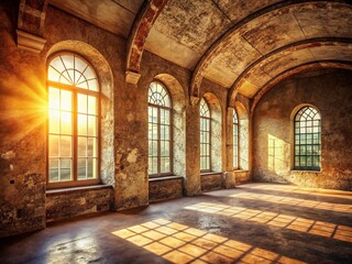 Fototapeta premium Sunlight Bathes a Rustic Stone Room with Arch Windows A Timeless Interior Featuring Natural Charm and Vintage Elegance