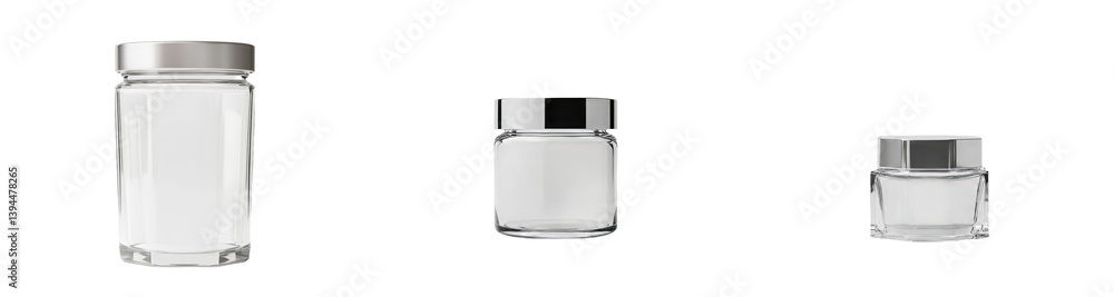 Poster minimalist mockups of various glass jar sizes arranged on a plain white background for design showca
