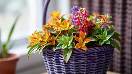 Rustic Purple Wicker Pot Filled with Green, Orange, and Teal Flowers