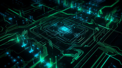 Fondo futurista de circuitos de color verde sobre fondo negro