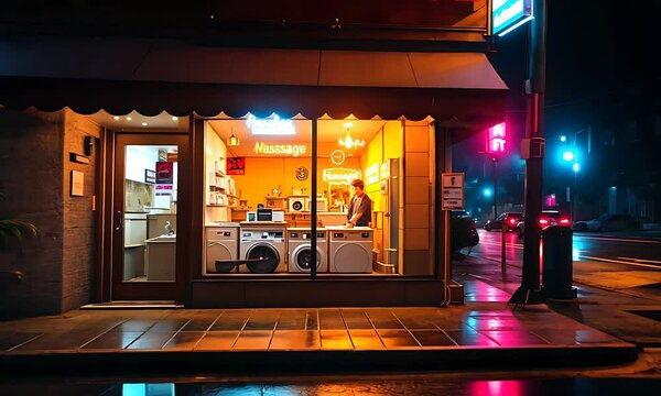 Nighttime Massage Parlor in Rainy City Street Scene