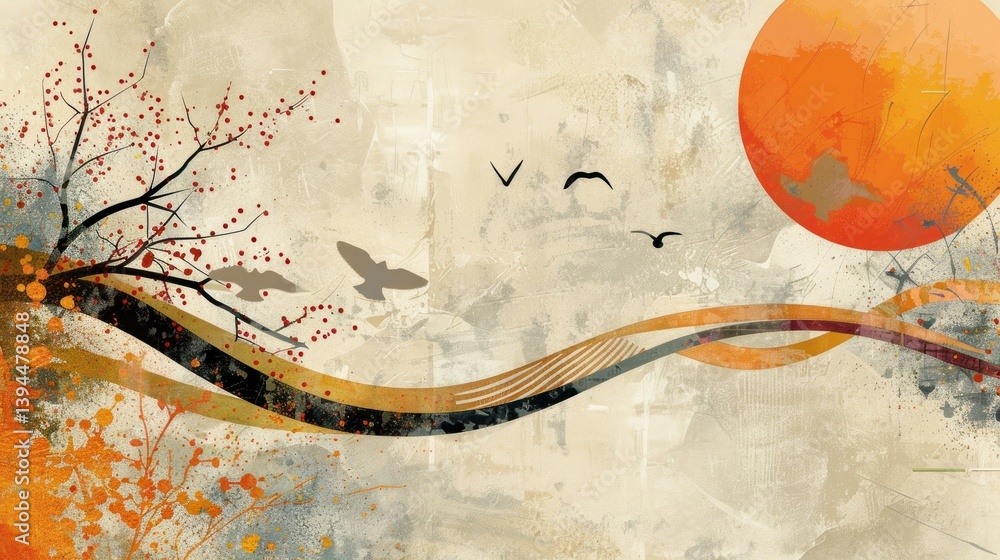 Aufkleber zen-inspired vector art with abstract elements and calm colors.