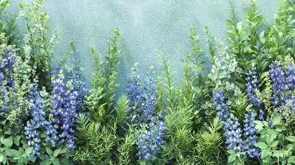 vibrant field of bluebonnets and greenery against textured background creates serene and refreshing atmosphere