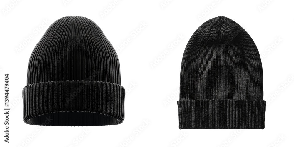 Poster minimalist isolated mockups of black knit beanies showcasing different styles and angles