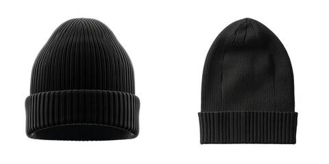 Minimalist isolated mockups of black knit beanies showcasing different styles and angles