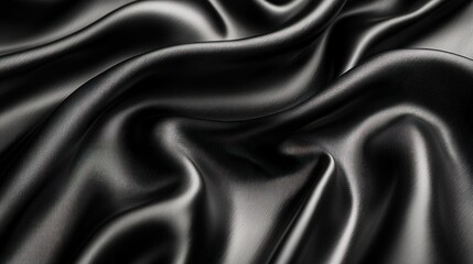 Fototapeta premium Close-up view of luxurious black satin fabric with flowing drapes and folds.