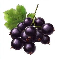 A cluster of ripe black currants with vibrant green leaves, showcasing their glossy texture and rich color.
