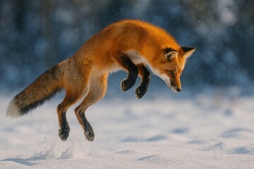 Fototapeta premium Fox leaping through snowy landscape.