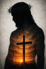 A Double Exposure of Christ’s Silhouette Wearing the Crown of Thorns, Revealing the Cross at Sunset – A Visual Reflection on Easter, Faith, and Divine Resurrection