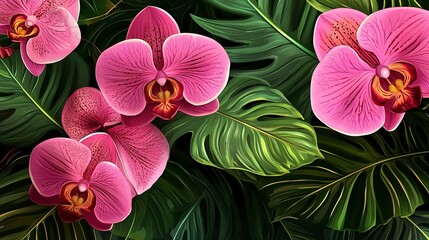  Luxury orchid wallpaper with blooming tropical flowers, hand drawn elegance.  