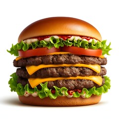 Towering triple cheeseburger with fresh lettuce and ripe tomatoes