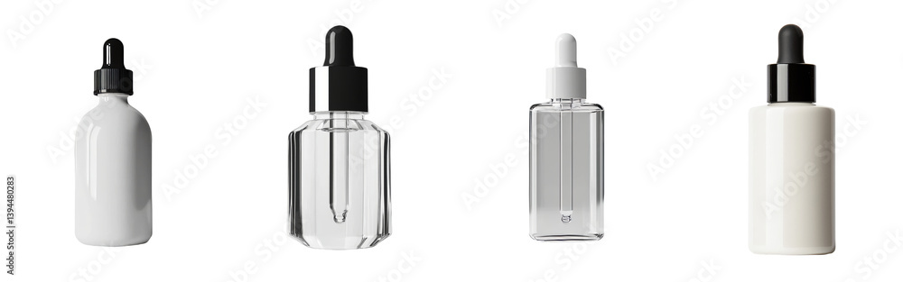 Poster minimalist product mockups featuring sleek dropper bottles in various designs and colors against a c