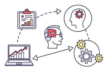 depicting a brain and a gear  Data Analytics Concept – Line Art Illustration of Machine Learning, Human Brain with Gears, Business Intelligence, and Digital Transformation Elements.