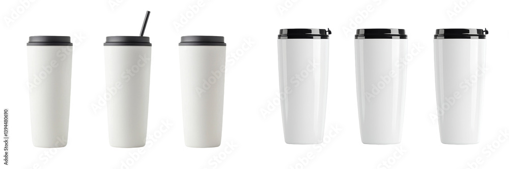 Poster collection of isolated minimalist mockups featuring various styles of white reusable coffee cups for