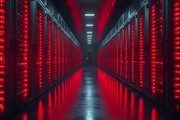 Futuristic Data Center Corridor with Red LED Lights for Technology and Information Systems