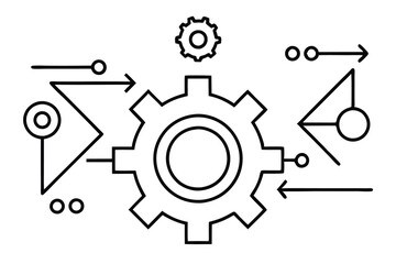 depicting a brain and a gear  Data Analytics Concept – Line Art Illustration of Machine Learning, Human Brain with Gears, Business Intelligence, and Digital Transformation Elements.