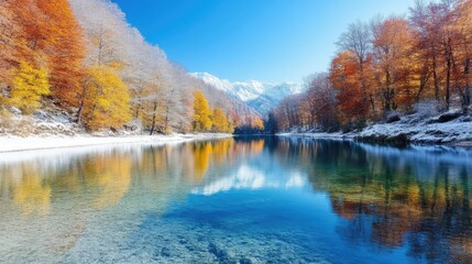 Autumn and Winter meet by a serene river. Vivid colors of autumn foliage, partially covered in fresh snow, reflect in a crystal-clear mountain river