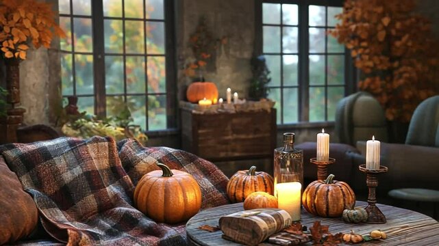 Cozy autumn decor with pumpkins and candles in a rustic setting surrounded by fall foliage