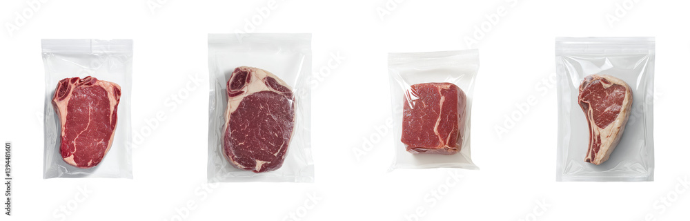 Poster Isolated minimalist mockups of various cuts of unprepared meat in vacuum packaging with a simple white background