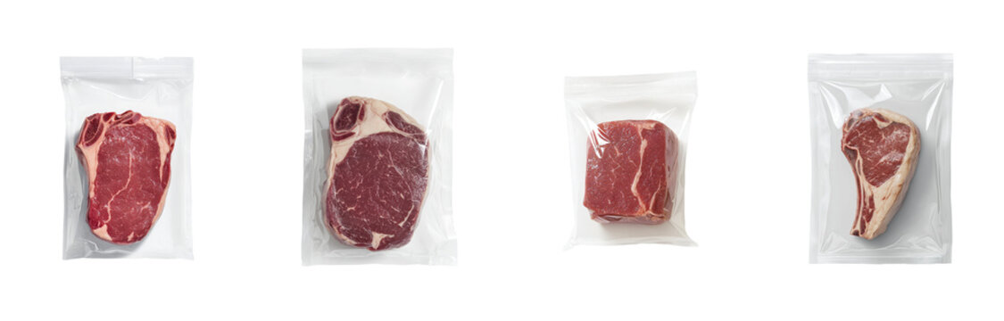 Isolated minimalist mockups of various cuts of unprepared meat in vacuum packaging with a simple white background