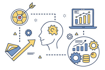 depicting a brain and a gear  Data Analytics Concept – Line Art Illustration of Machine Learning, Human Brain with Gears, Business Intelligence, and Digital Transformation Elements.