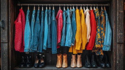 Colorful array of clothing and boots on hangers and shelves.