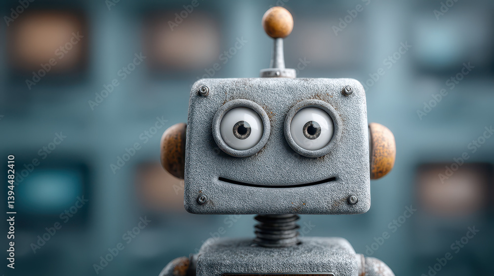 Poster ai robot with a twisted smile spreads fake information in a corrupted tech environment