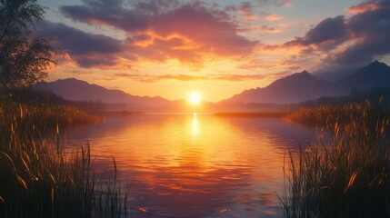 Obraz premium A serene sunset over a tranquil lake, surrounded by mountains and lush grass, creating a picturesque and calming natural landscape.