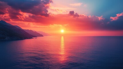 Obraz premium A stunning sunset over the ocean, with vibrant colors reflecting on the water and clouds scattered across the sky.