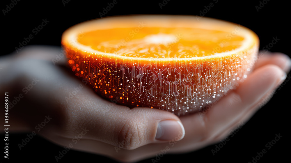 Poster hand holds a glowing orange made of circuits and code with half-eaten surrealistic design in a dark 