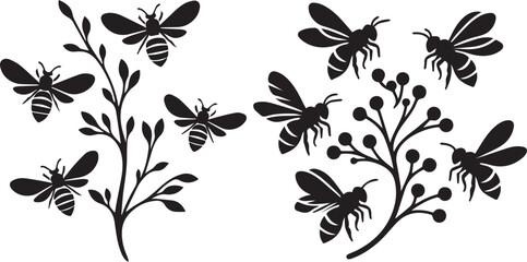 Obraz premium Bee and plant silhouette: A pair of elegant silhouettes depicts a bee flitting among the delicate branches of a flowering plant, perfect for illustrating natural, or eco themes.