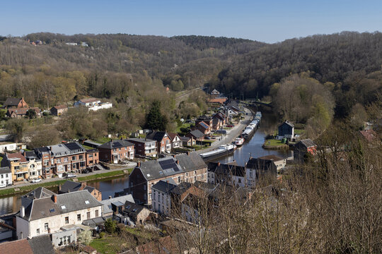 Aerial view of the Sambre River, and Sambre Valley, from the town of Thuin, on a sunny spring day. Thuin is a picturesque town in the province of Hainaut in Belgium.
