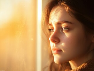 Woman looks out window