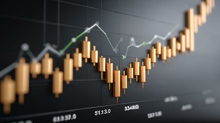 Hologram interface with 3D stock exchange graph and fluctuating index arrows, symbolizing business finance trends, market dynamics, and economic resilience