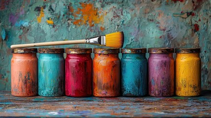 Colorful paint jars and paintbrush on rustic wooden shelf against textured wall.