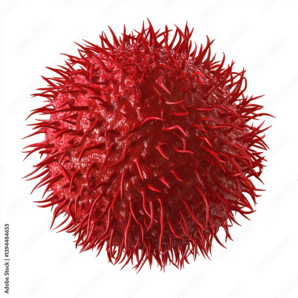Poster a detailed, 3d rendering of a red, spiky cell, resembling a virus or pathogen, showcasing intricate 