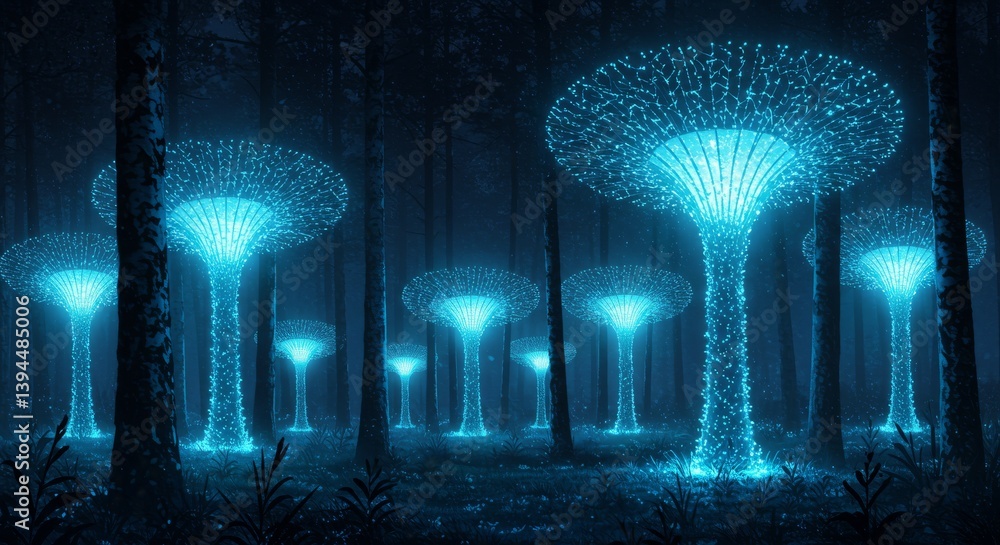 Poster enchanting glowing forest - luminescent, otherworldly trees illuminate a dark forest, creating a mag