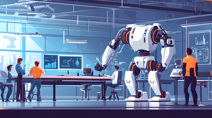 of engineers in a modern lab brainstorming and developing a futuristic robotic prototype 