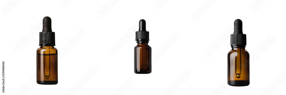 Poster isolated minimalist mockups of amber dropper bottles showcasing different sizes and designs for prod