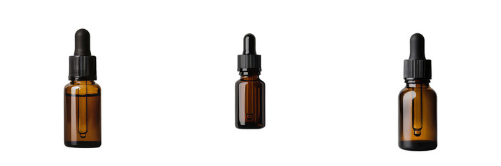 Isolated minimalist mockups of amber dropper bottles showcasing different sizes and designs for product presentation