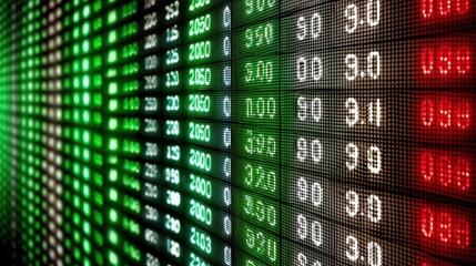 Fototapeta premium A digital display shows financial data with green and red indicators, representing stock prices and market trends.